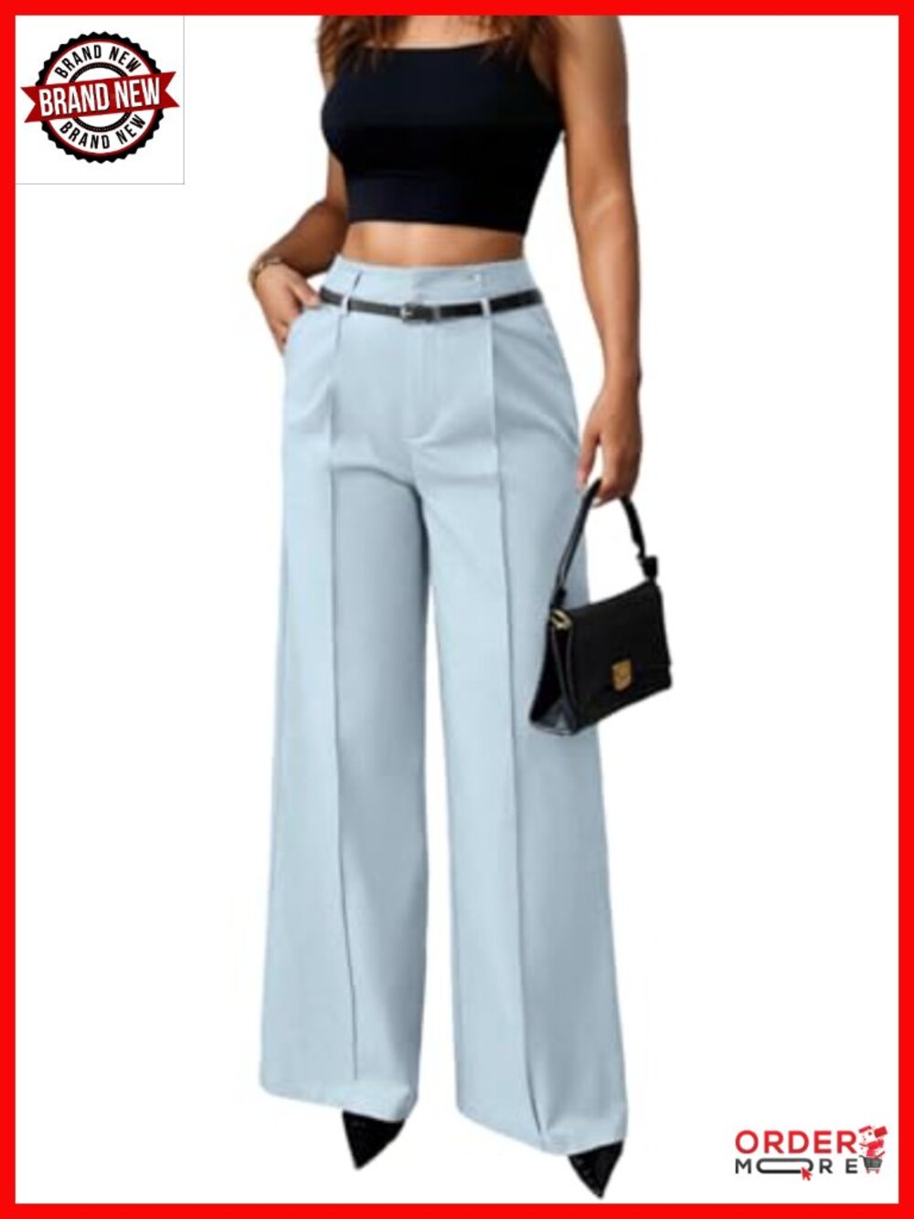 Wide Leg High Waisted Dress Pants Belted Front Seam Wrinkle-Resistant
